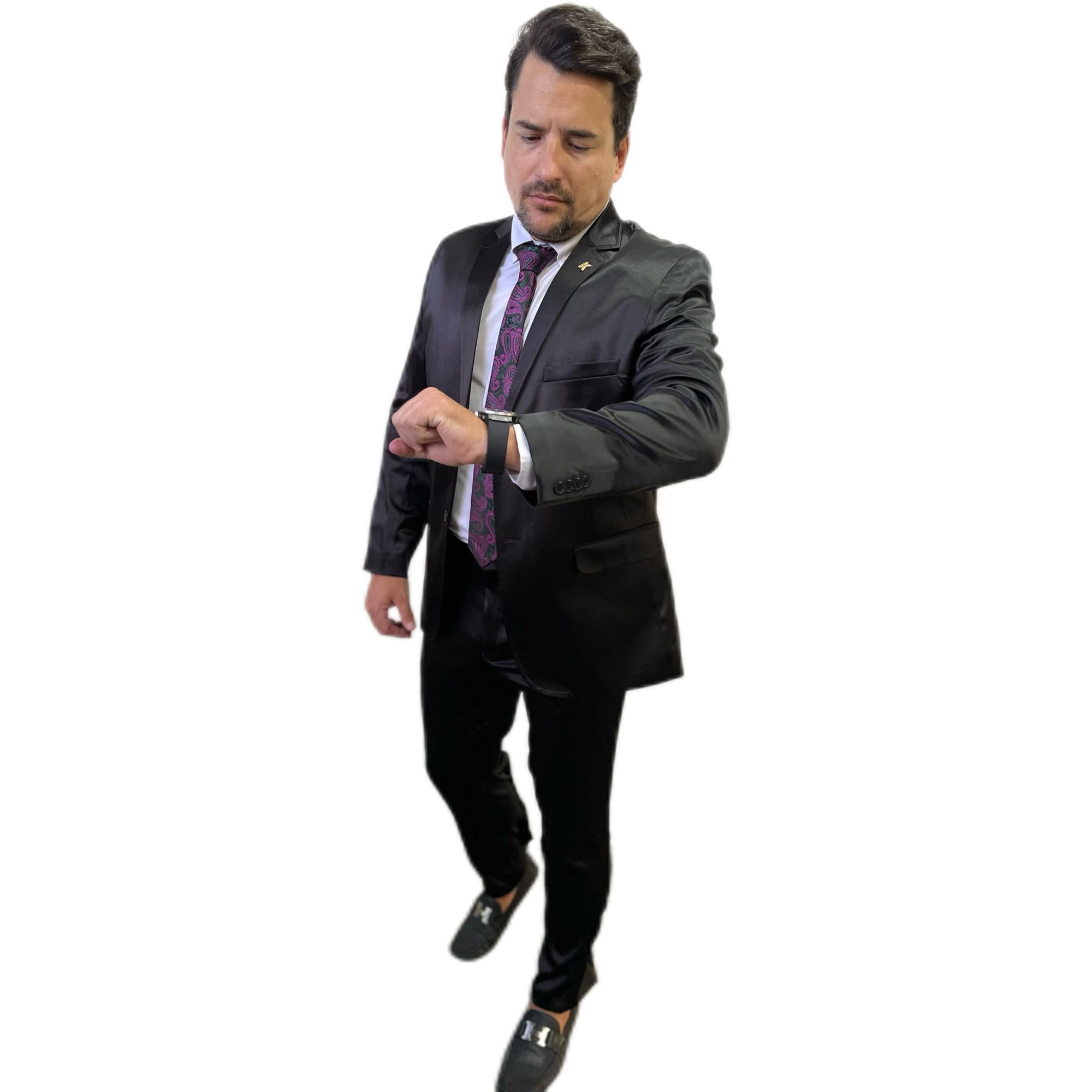 Costume Preto Brilho Slim em Poliviscose - King Te... - King Ternos