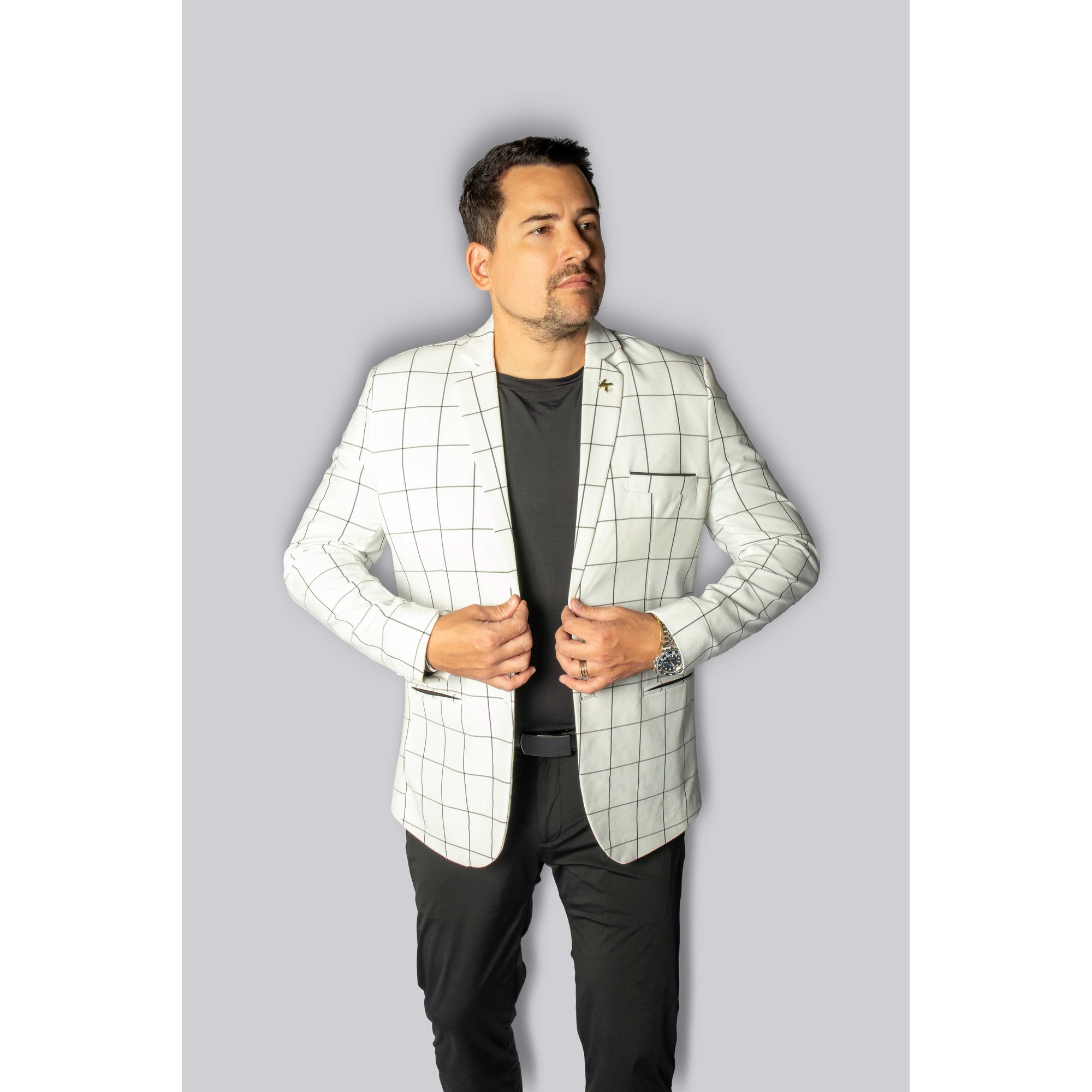 Blazer Branco Quadriculado Slim em Poliviscose - K... - King Ternos