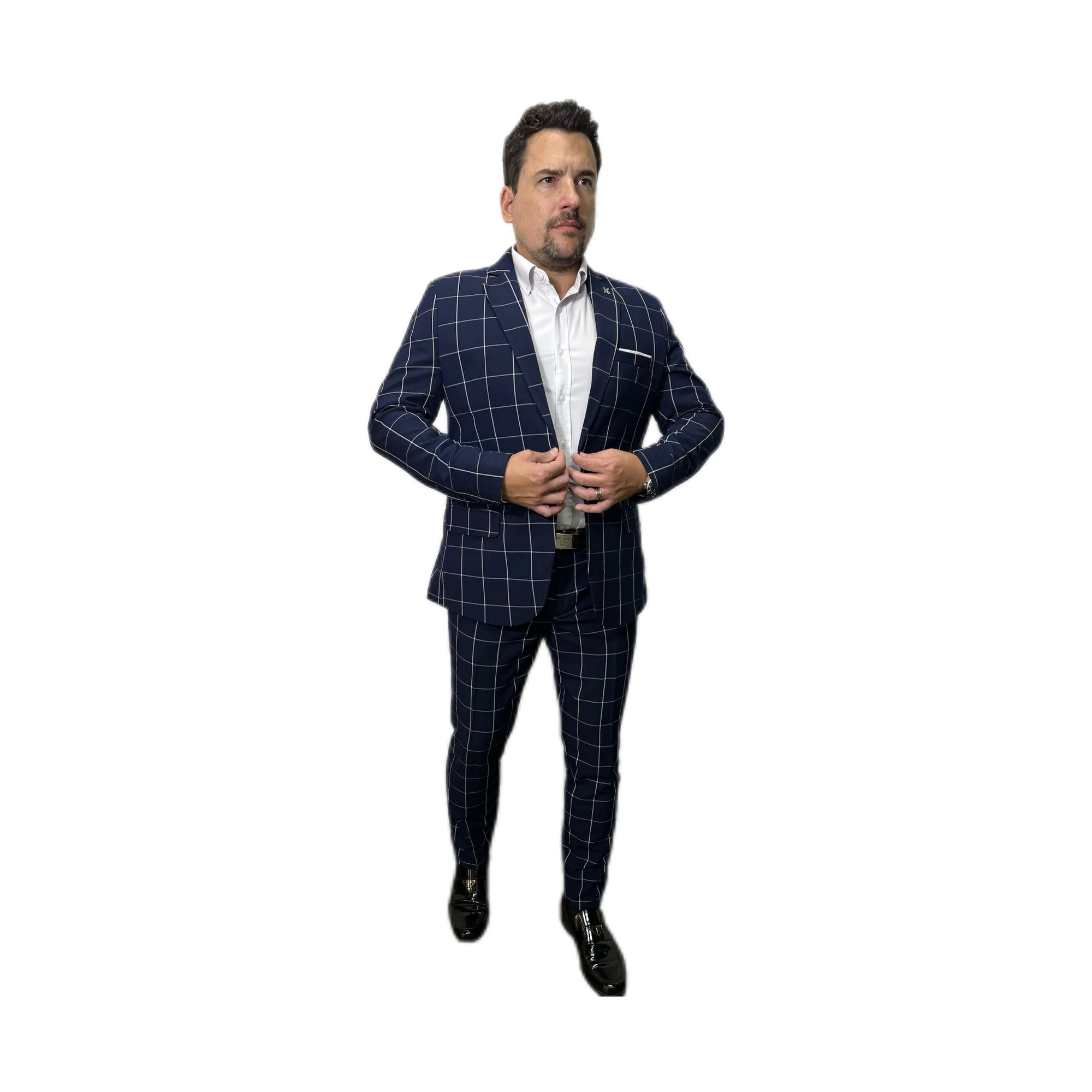 Costume Azul Quadriculado Slim em Poliviscose - Ki... - King Ternos