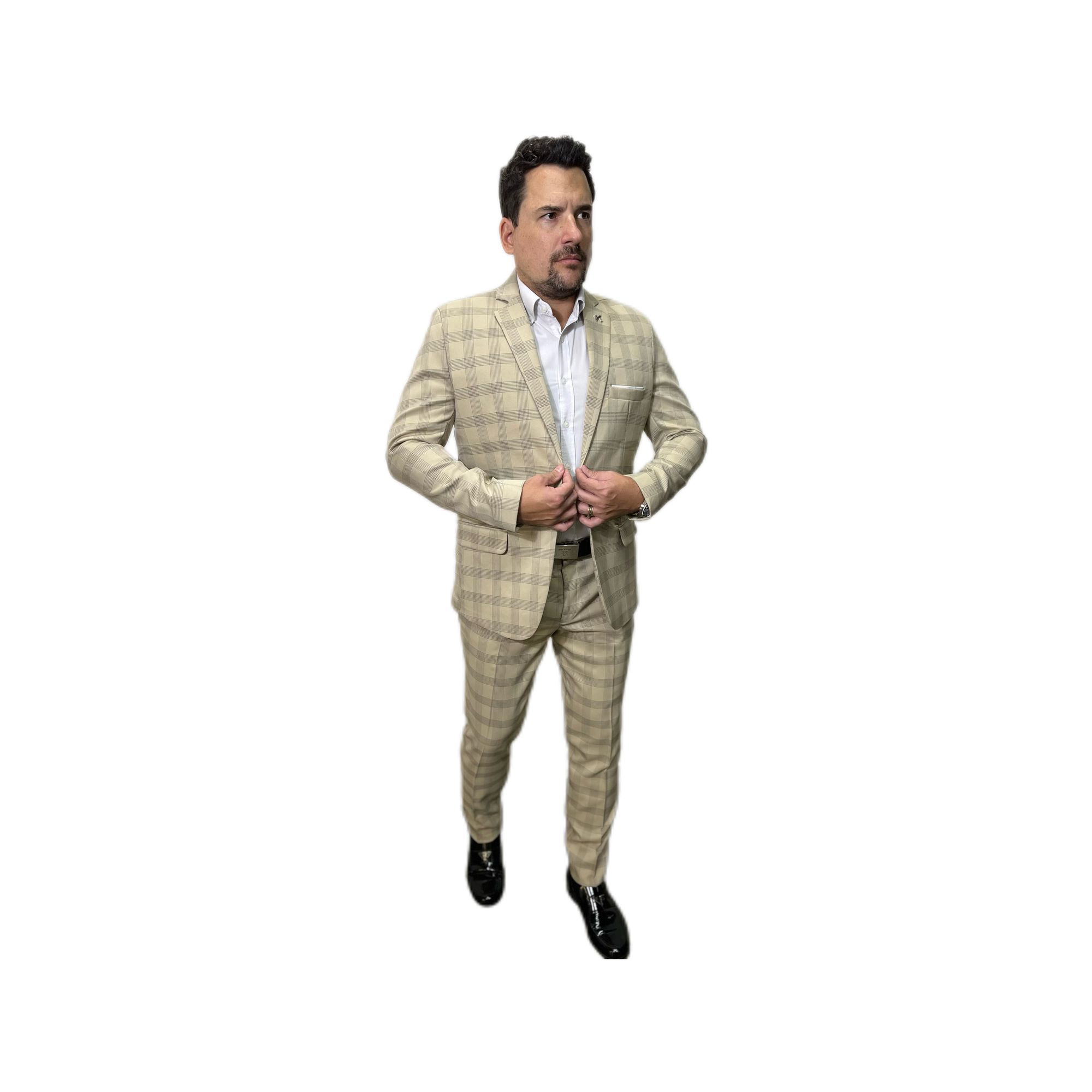 Costume Quadriculado Bege Slim em Poliviscose - Ki... - King Ternos