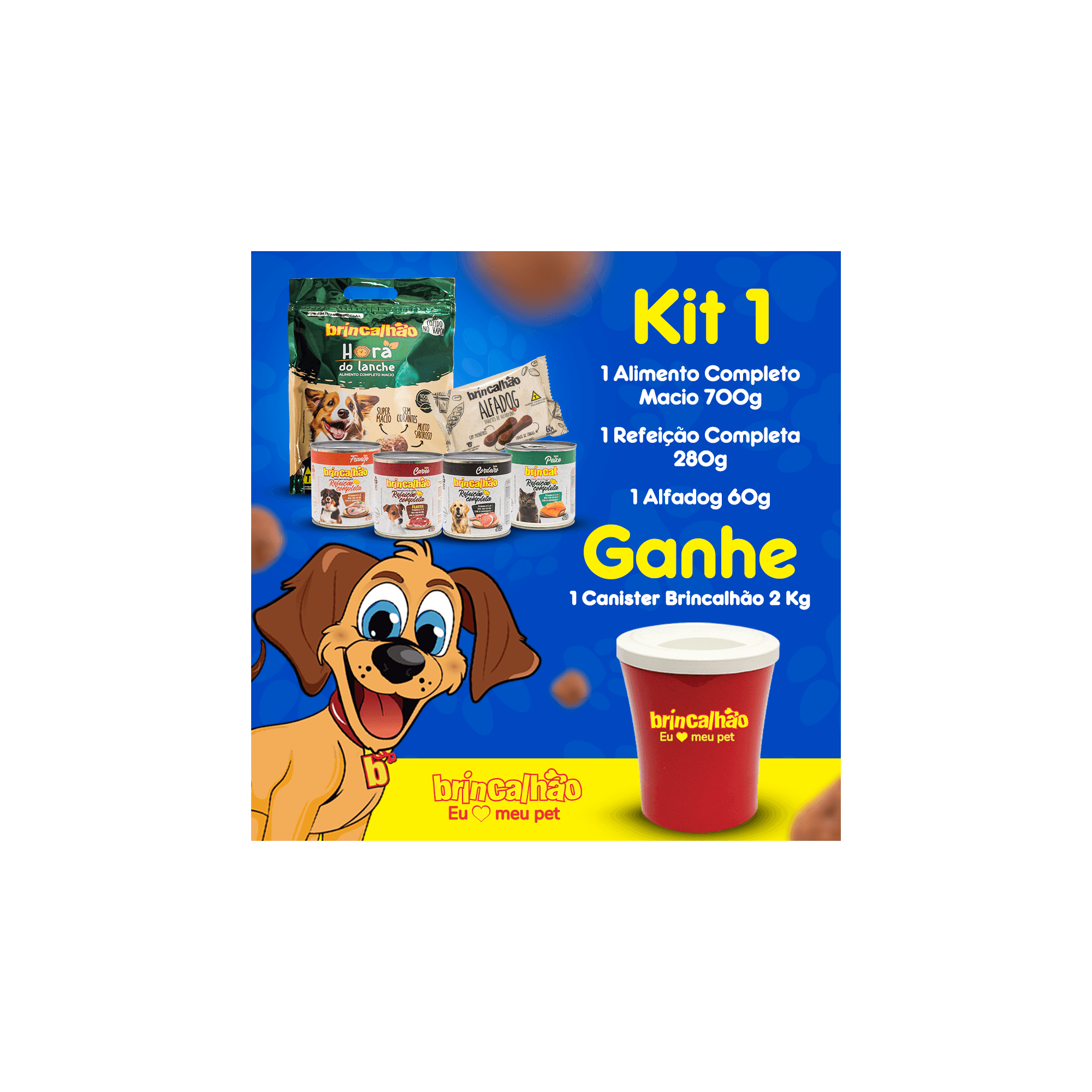 "Kit Cachorro Satisfeito: Refeição Macia 700g Para Cachorro + Alimento Úmido Refeição Completa 280g + Petisco para cahorro Alfadog 60g + Canister Brincalhão!