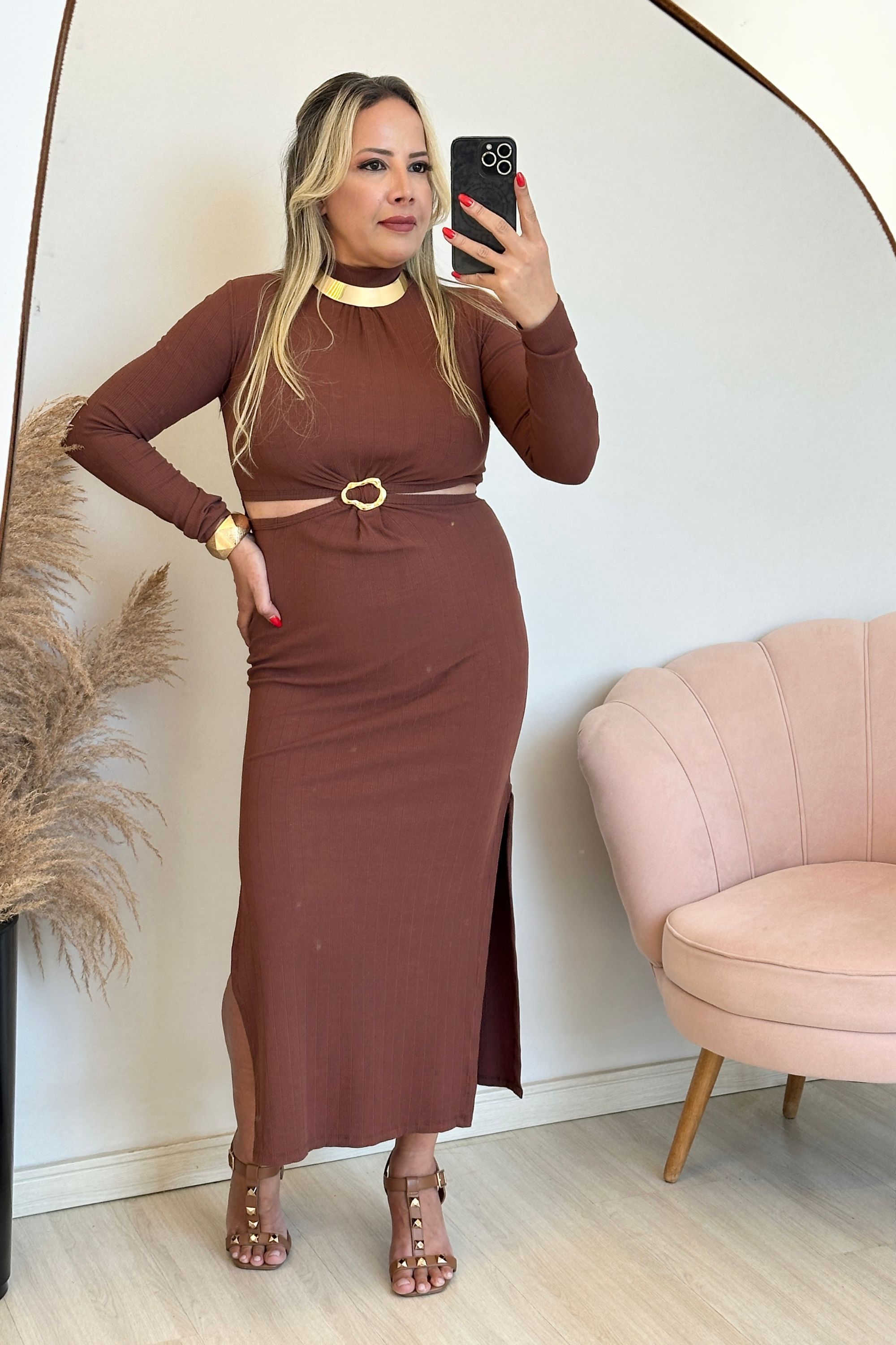 Vestido Ariana - Canelado marrom - Vanessa Marques Boutique