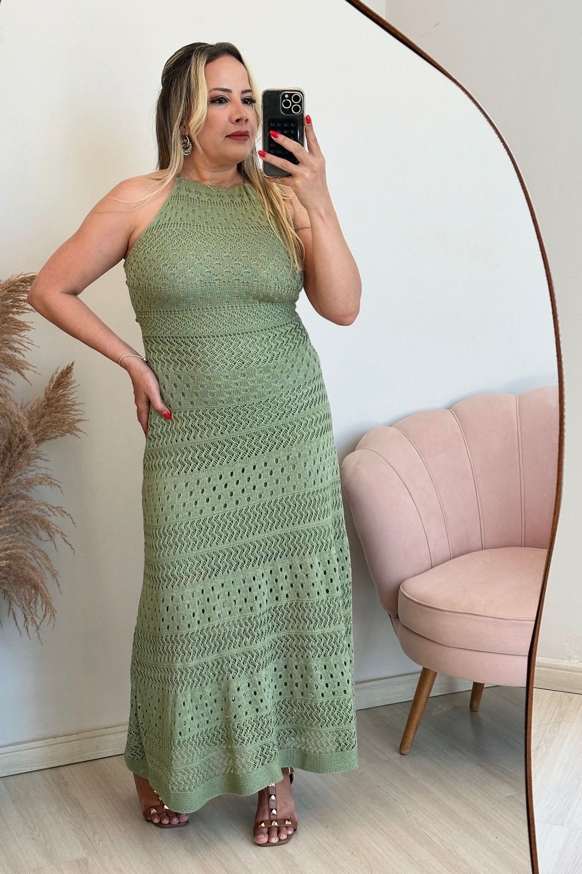 Vestido de tricô Lia - Pistache - Vanessa Marques Boutique