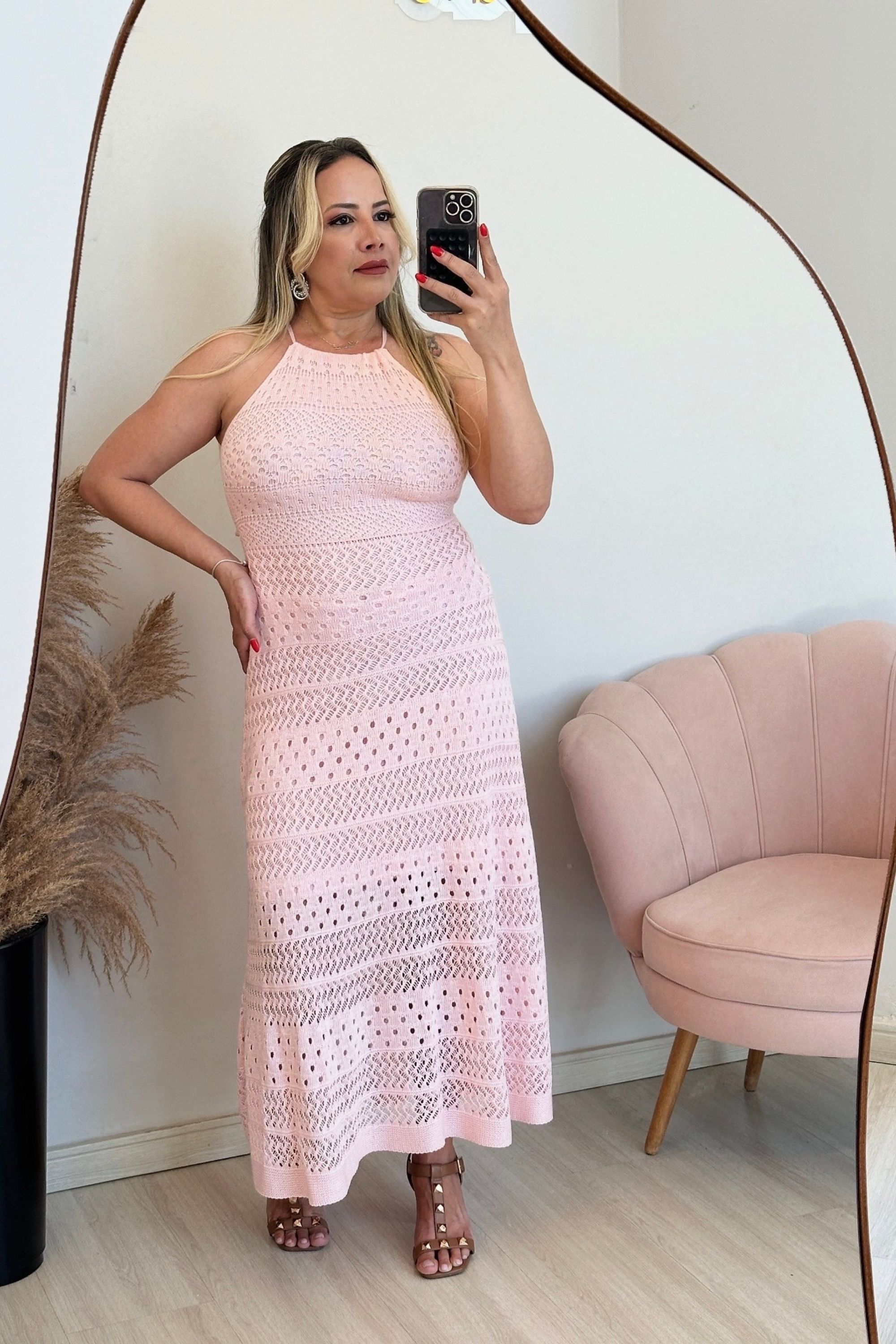 Vestido de tricô Lia - Rosa bebê - Vanessa Marques Boutique
