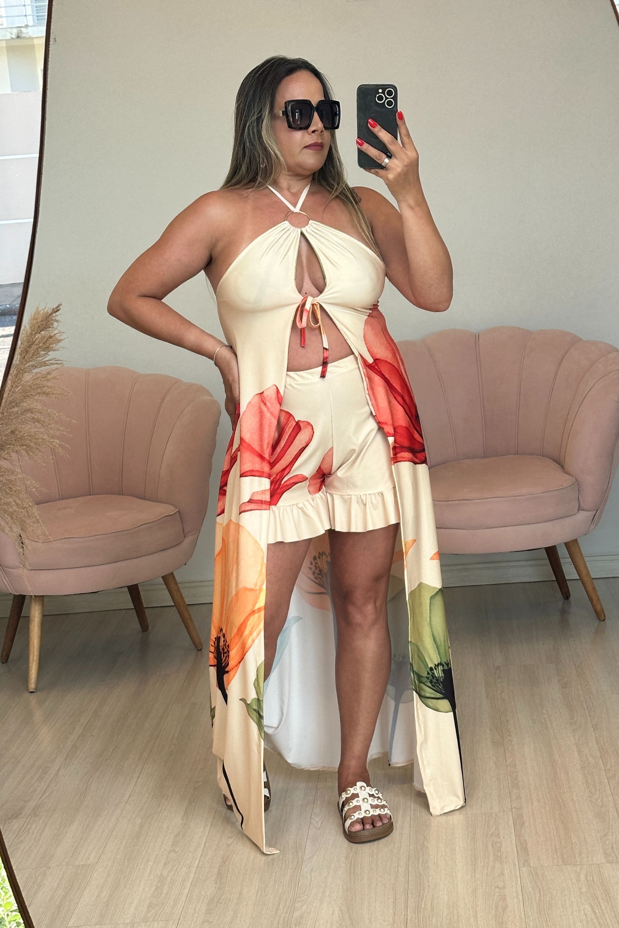 Conjunto florido bata longa e shorts - Vanessa Marques Boutique