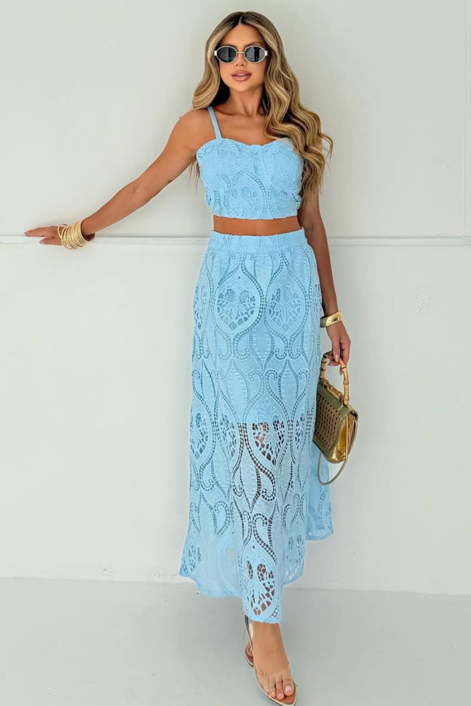 Conjunto de saia e Cropeed de renda - Azul Claro - Vanessa Marques Boutique
