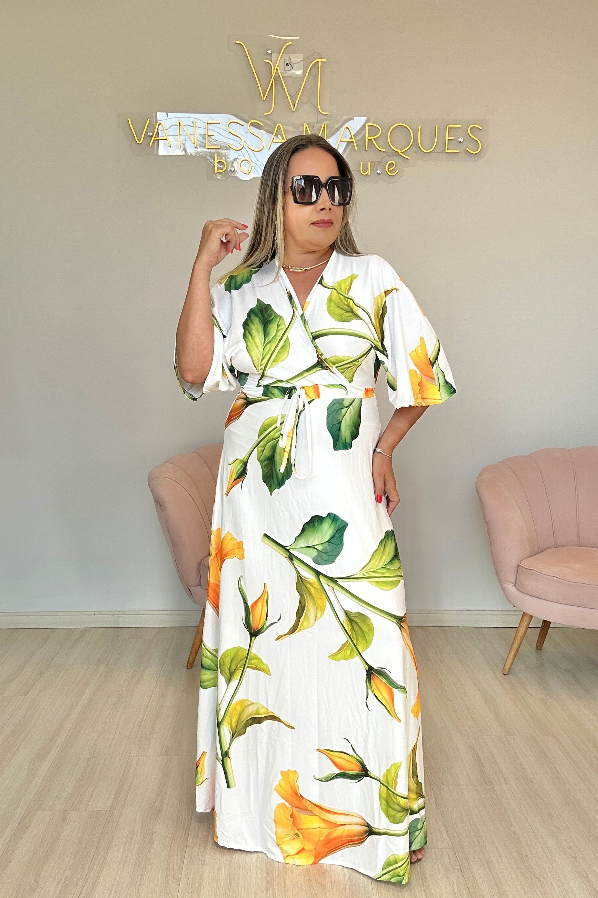Vestido Poliamida branco floral - Vanessa Marques Boutique