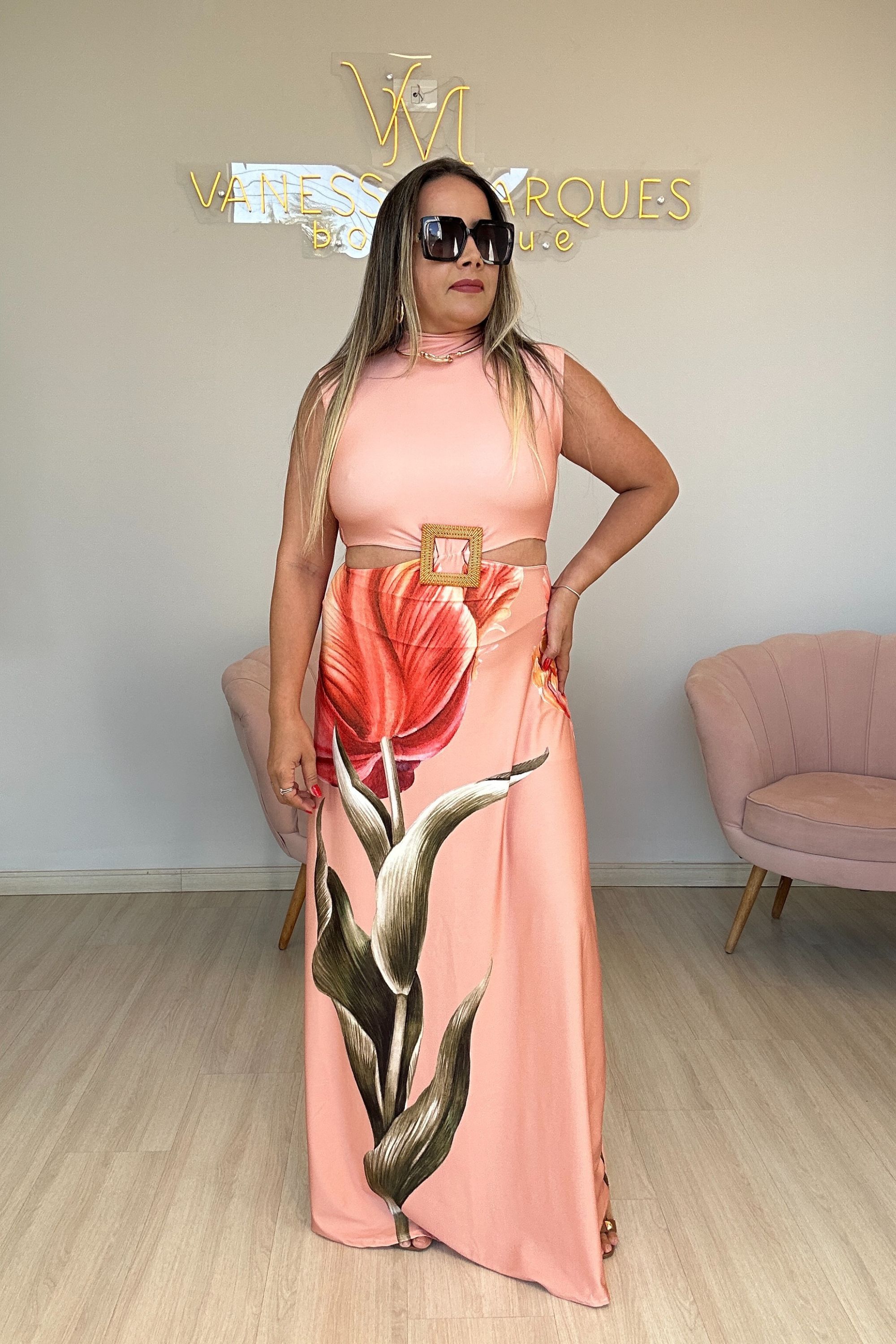 Vestido poliamida salmon com flor - Vanessa Marques Boutique