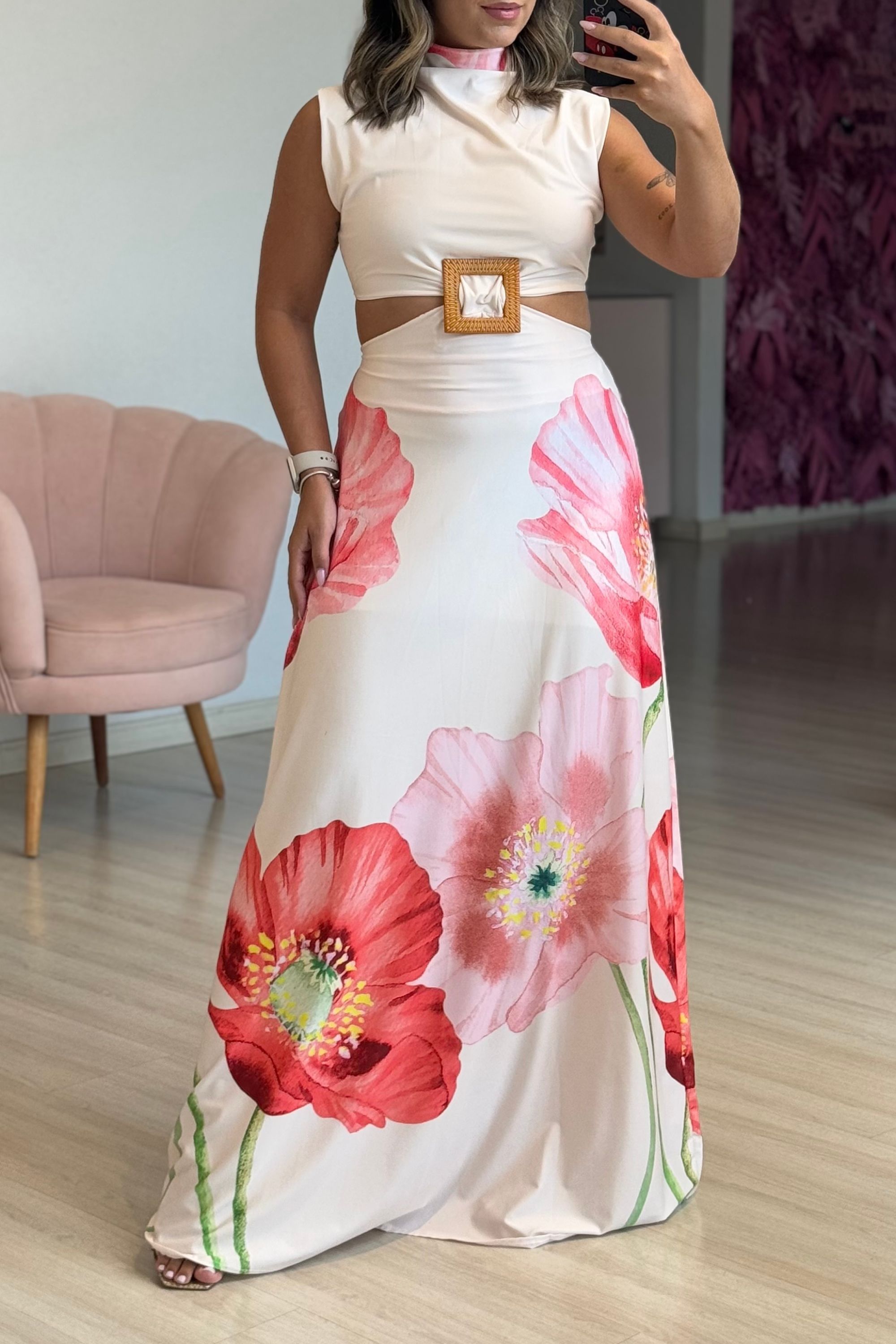 Vestido Poliamida rosa floral - Vanessa Marques Boutique