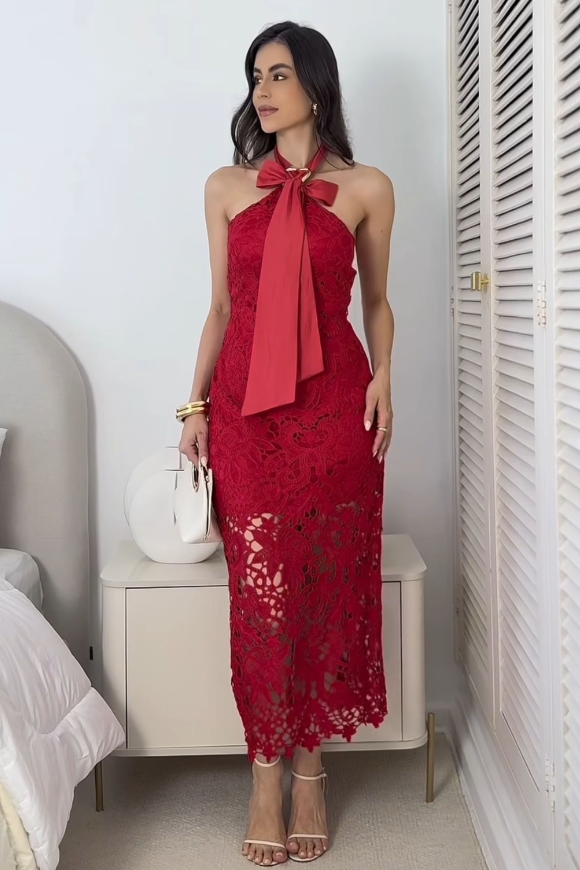 Vestido frente única de renda - vermelho - Vanessa Marques Boutique