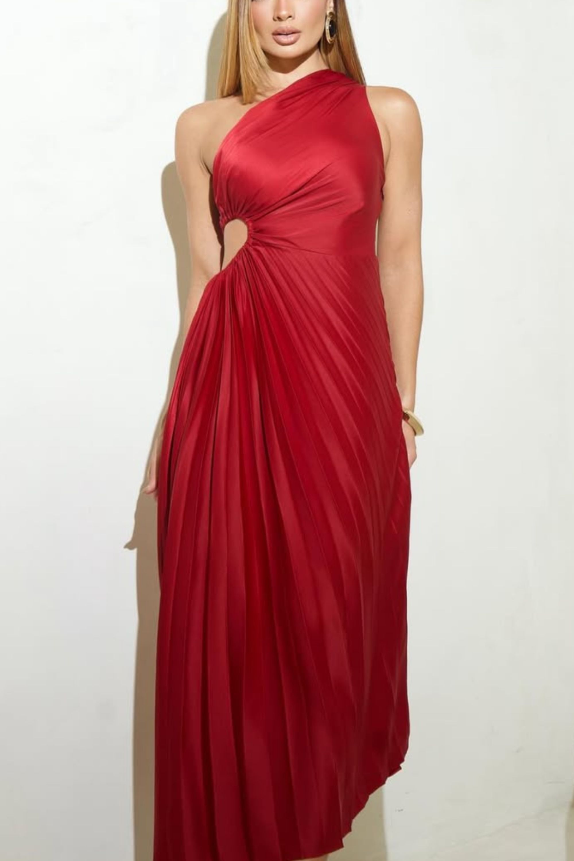 Vestido longo nula manga plissado -vermelho - Vanessa Marques Boutique