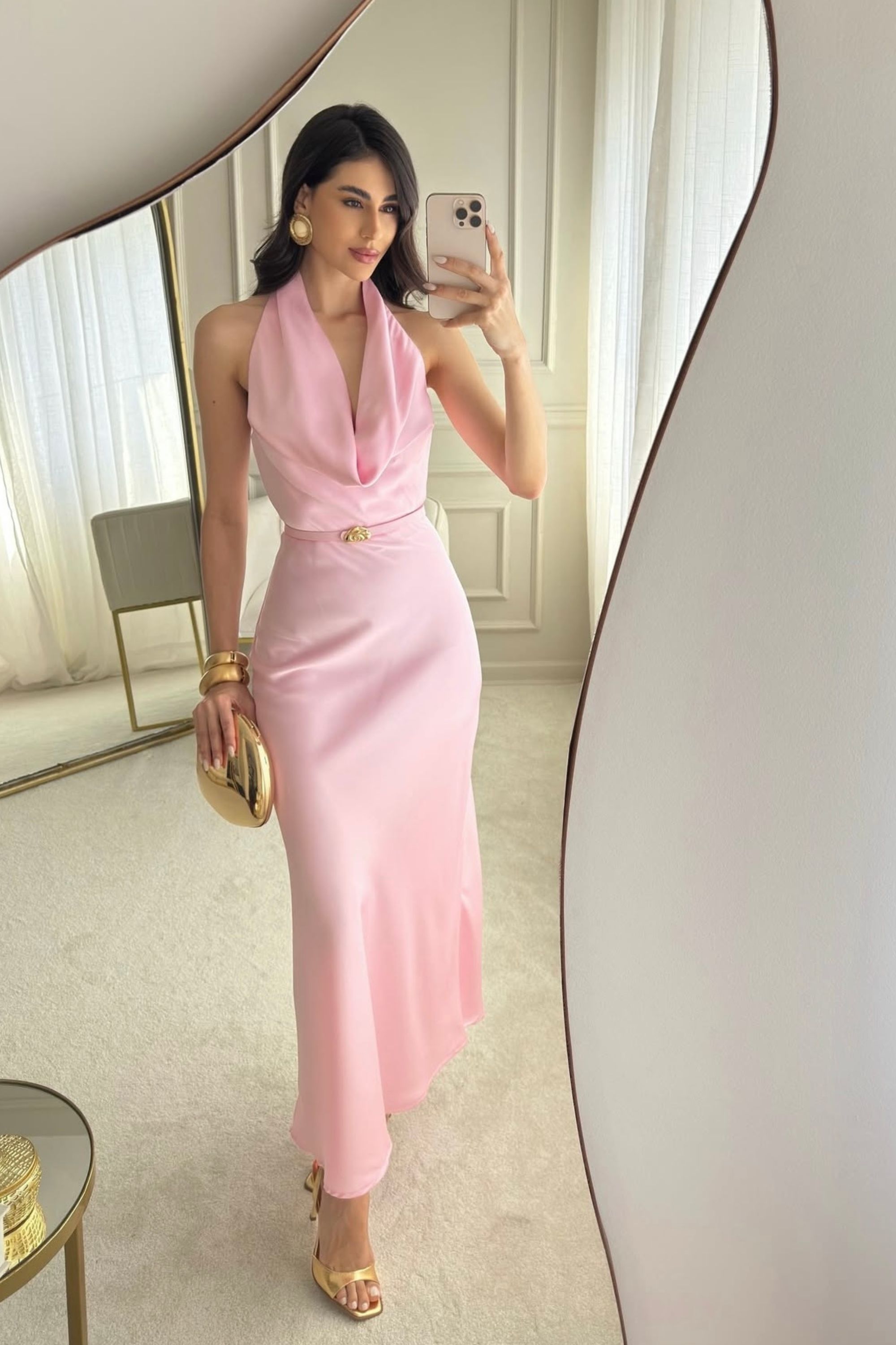 Vestido Mônica de cetim rosa - Vanessa Marques Boutique