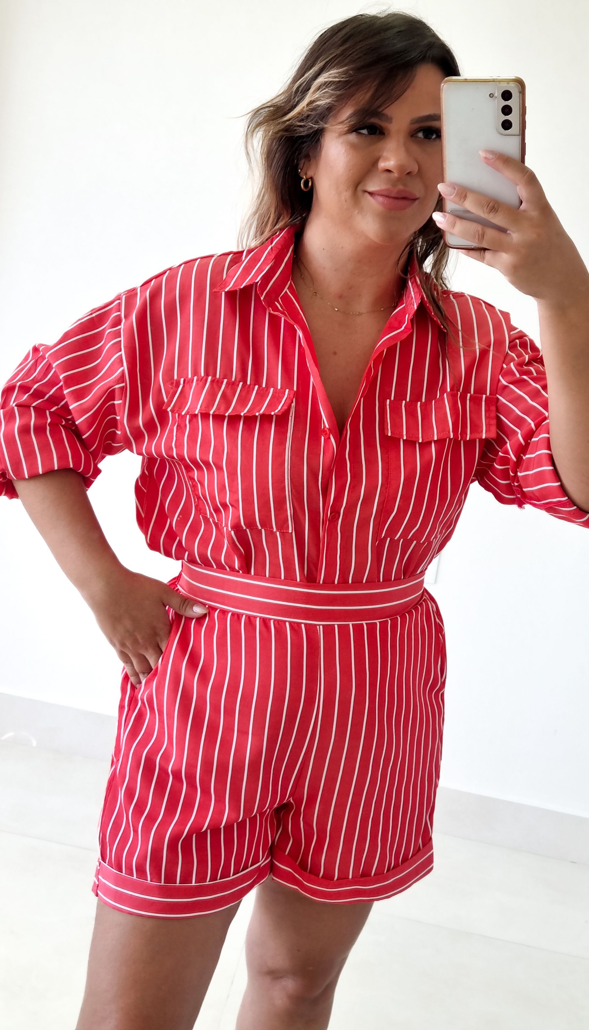 Conj. Kobe Short Camisa Listrado Vermelho - THASSIA GABRIELA