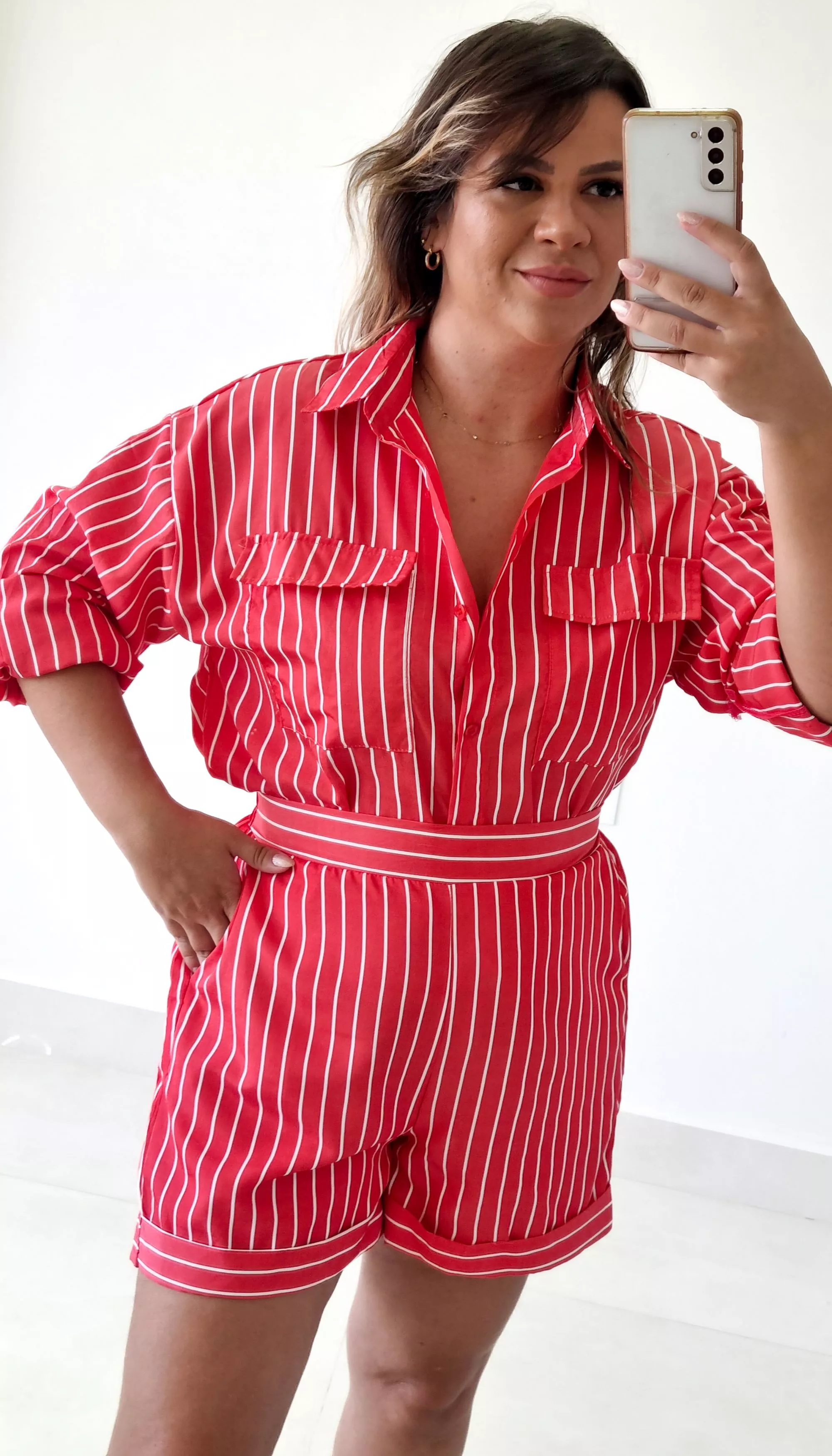 Conj. Kobe Short Camisa Listrado Vermelho - THASSIA GABRIELA