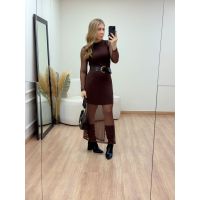 Vestido Tule Midi Marrom