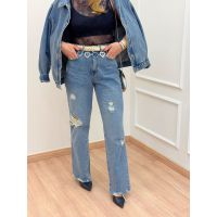 Calça Wide Leg Destroyed Jeans