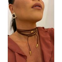 CORDÃO COURO BOHO CARAMELO CANUTILHO BANHADO A OURO 