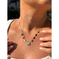 COLAR MEDALHAS E RESINADO VERDE ÁGUA BANHADO A OURO