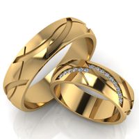 Aliança de Casamento Elegância Geométrica em Ouro 18k - Cravejada com 15 Brilhantes