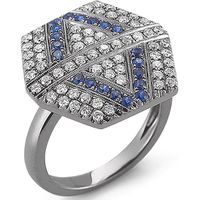 Anel Hexagon Cravejado c/ Diamantes e Safira Azul 