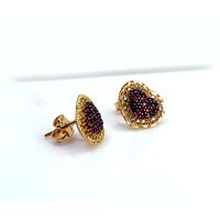 Brinco de Coração em Ouro 18k Amarelo Com Rubi Sintético e Zircônias