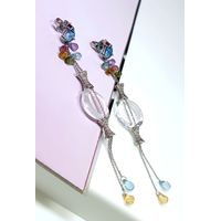 Brinco em Ouro Branco 18k Gotas Coloridas com Cristal e Diamante