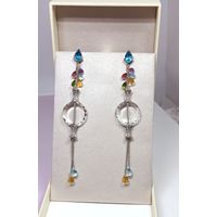 Brinco em Ouro Branco 18k Gotas Coloridas com Cristal e Diamante