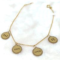 Pulseira em Ouro 18k 750 Elo Português com Pingentes Paz/ Sorte/ Amor/ Fé