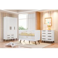 Conjunto Qmovi Retrô Cômoda 3 Gavetas, Guarda Roupa 3 Portas e Berço Branco - Incasa Móveis