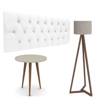 Conjunto Cabeceira Painel Estofada Capitonê 140 cm Corino Branco Paris e Mesa Lateral Patrimar Legs ... - Incasa Móveis