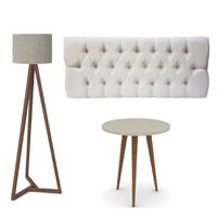 Conjunto Cabeceira Estofada Capitonê 160 cm Queen Suede Areia e Mesa Lateral Legs Alta Off White com... - Incasa Móveis