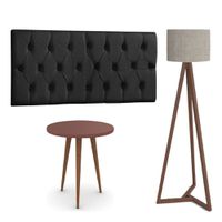 Conjunto Cabeceira Painel Estofada Capitonê 160cm Queen Corino Preto Paris e Mesa de Apoio Legs Terr... - Incasa Móveis