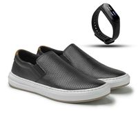 Slip On Street em Couro Preto + Gratis Relógio Digital Preto E L