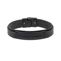 Pulseira de Couro "Fé + Força + Coragem" - Preto