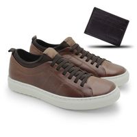 Sapatenis Casual Connect em Couro - Marrom + Brinde Porta Cartão
