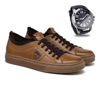 Sapatenis Casual Connect em Couro- Conhaque E L + Brinde Relógio