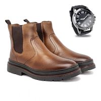 Bota Chelsea Londres em Couro - Conhaque E L + Brinde Relógio