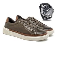 Sapatenis Casual Titanium em Couro - Oliva + Brinde Relógio