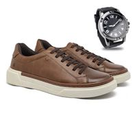 Sapatenis Casual Titanium em Couro - Conhaque E L + Brinde Relógio