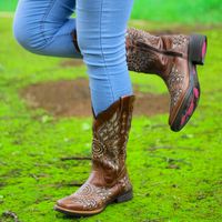 Bota Feminina Texana Tucson - Couro Euro Texas Wisky - Solado Flor