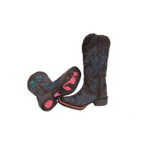Bota Feminina Texana Tucson - Couro Euro Texas Café com Glitter azul - Solado Flor