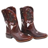 Bota Feminina Texana Tucson - Couro Euro Whisky Com Napa branca E Fóssil Verde - Solado Flor