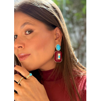 BRINCO CHAPAS BOHO RED CHERRY E TURQUESA BANHADO A OURO 