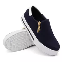 Slip On Zíper Azul Marinho Verniz Branco DKShoes - Kátia Cintra