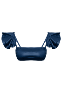 TOP FAIXA ALÇA BABADOS CIRRÊ AZUL E CALCINHA BORBOLETA DUPLA FACE CIRRÊ AZUL/ CANDY