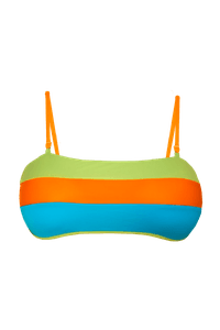 TOP FAIXA TRICOLOR VERDE ABACATE/ TURQUESA/ LARANJA E CALCINHA RETA DUPLA FACE VERDE ABACATE/ TURQUESA