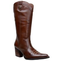 Bota Texana Feminino Bico Fino Salto Alto Em Couro Legitimo Pinhão