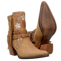Bota Texana Feminina Bico Fino Em Couro Cano Curto Bordado