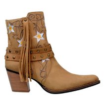 Bota Texana Feminina Bico Fino Em Couro Cano Curto Bordado