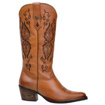 Bota Feminina Texana Bico Fino Cor Castor Em Couro Nobre Bordado Café